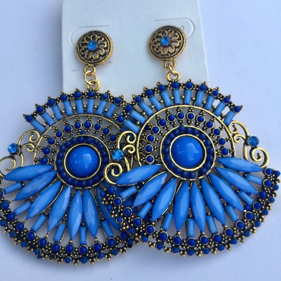 large blue rhinestone statement earrings - Picture 2 of 5